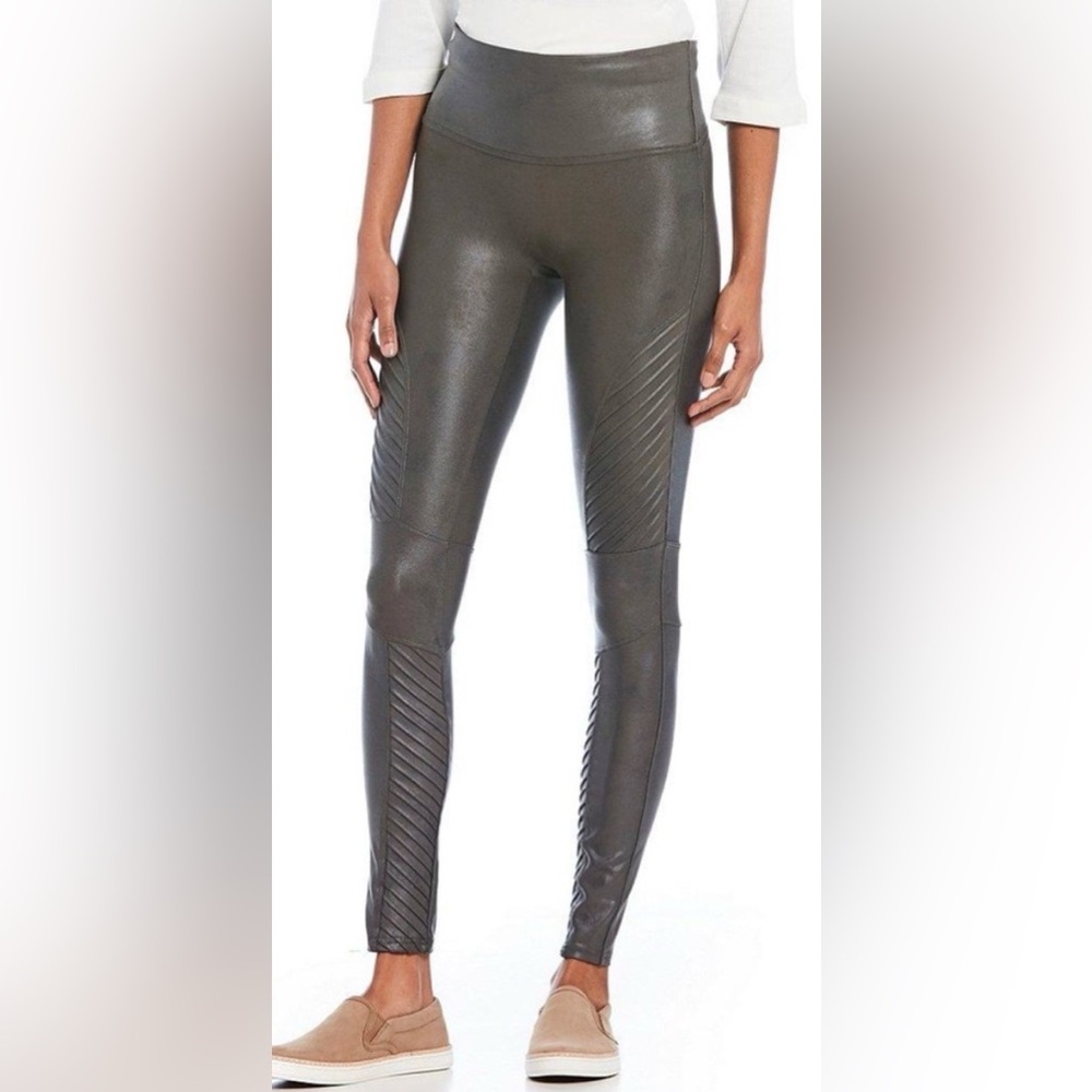 Spanx Faux Leather Moto Metallic Gunmetal Leggings Pants M Grey